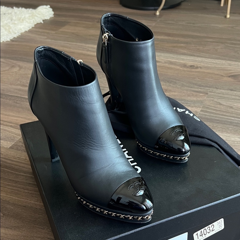 CHANEL Black Ankle Boots with Glossy Toe